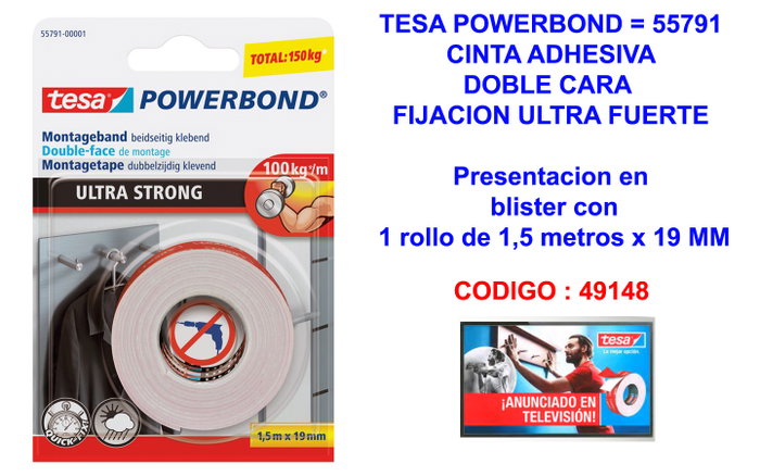 Tesa Ruban de montage double face Powerbond Ultra Strong blanc 1,5 m x 19 mm