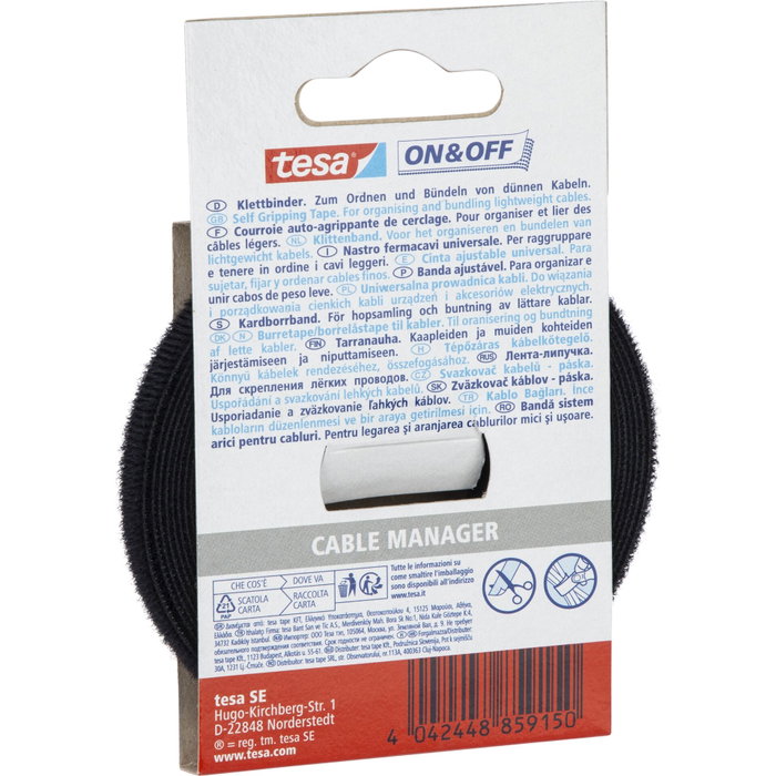 Tesa On&Off Cable Manager Universel 10mm x 500cm, Noir