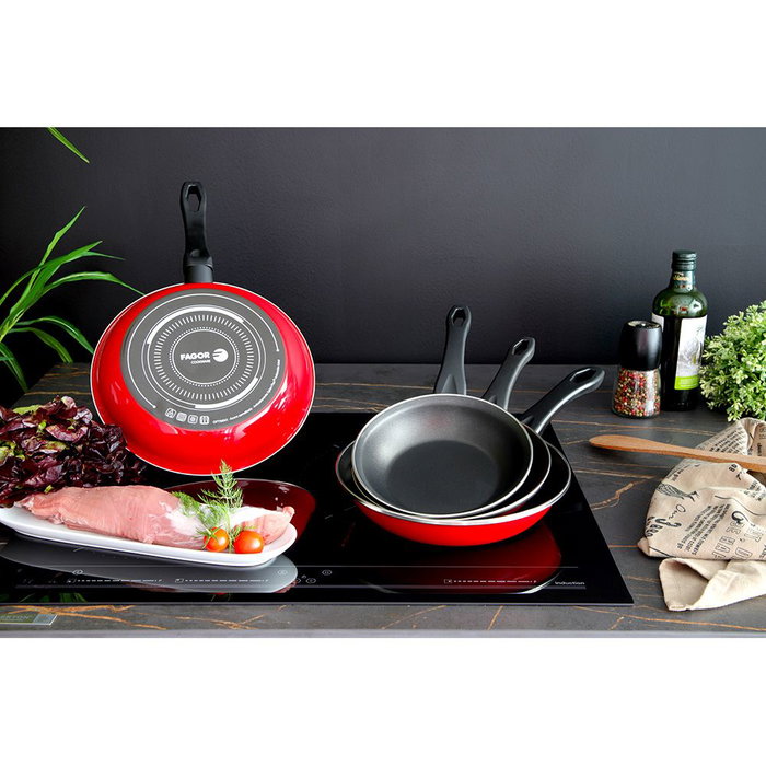 Fagor Set 3 poêles Optimax rouge mat Ø20/24/28 cm antiadhésives acier émaillé induction