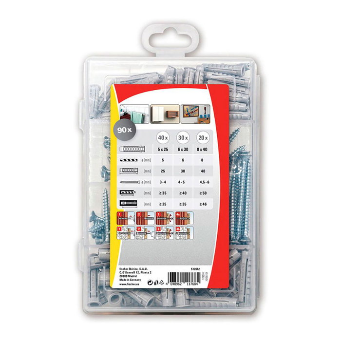 Fischer Tacos SX Plus 5/6/8 + Vis, Coffret 180 pièces, Cheville et vis 5x25, 6x30, 8x40 mm