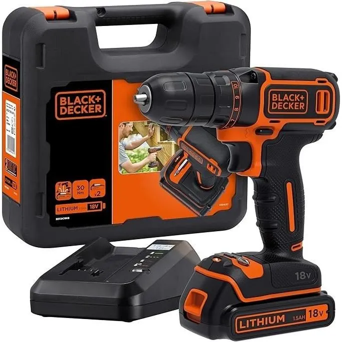 Black+Decker Perceuse visseuse sans fil 18V 1 batterie 1,5Ah Compacte et légère Black+Decker Perceuse visseuse sans fil 18V 1 batterie 1,5Ah Compacte et légère
