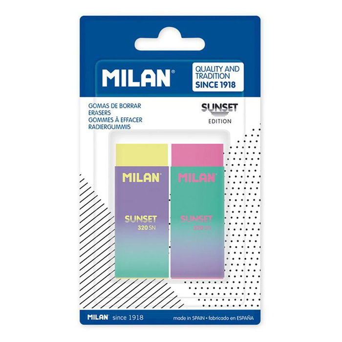 Milan Gomas de borrar nata 320 édition sunset blister 2 pcs gomme à effacer plastique souple non abrasive Milan Gomas de borrar nata 320 édition sunset blister 2 pcs gomme à effacer plastique souple non abrasive