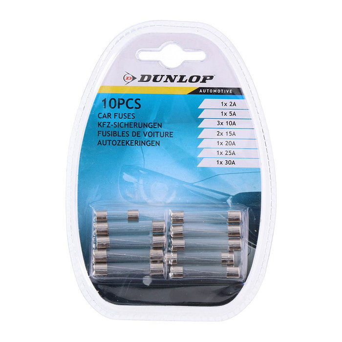 Dunlop Set de 10 fusibles en verre assortis pour voiture Dunlop Set de 10 fusibles en verre assortis pour voiture