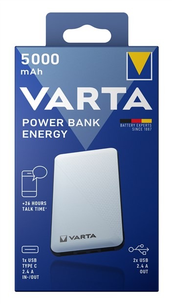 Varta 57975101111 Power Bank 5000 mAh avec indicateur de charge - Batterie portable, charge rapide via USB-C et USB-A pour 3 appareils simultanément