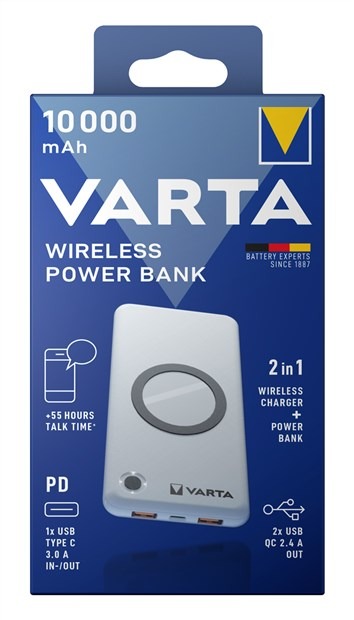 VARTA 57913101111 Batterie portable Power Bank 10000 mAh avec charge rapide 20W, recharge sans fil 10W et indicateur de niveau de charge