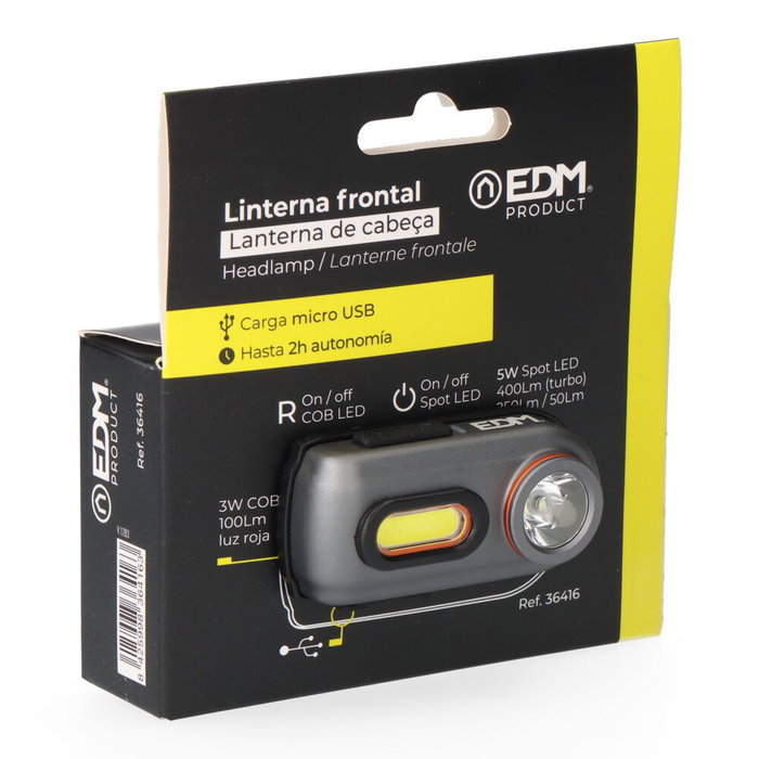 Edm Wildtrack TX3 Lampe frontale LED rechargeable 400 lm 5 W + 100 lm 3 W, lumière froide 6500 K et rouge, batterie lithium 300 mAh, aluminium, 63 x 25 x 33 mm Edm Wildtrack TX3 Lampe frontale LED rechargeable 400 lm 5 W + 100 lm 3 W, lumière froide 6500 K et rouge, batterie lithium 300 mAh, aluminium, 63 x 25 x 33 mm