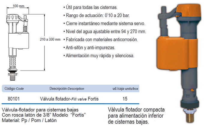 Prhie Valve de flotteur Fortis inférieur 3/8'' en laiton PH80101