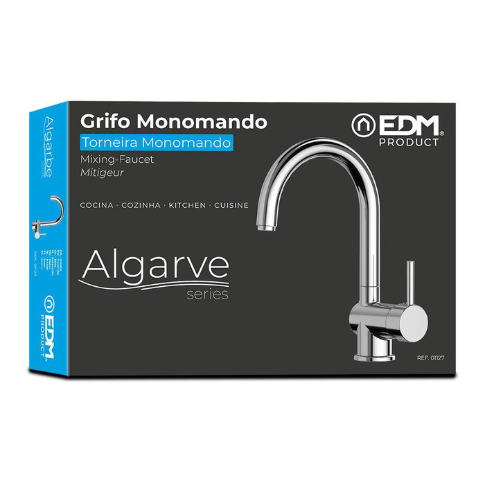 Edm Série Algarve Robinet mitigeur de cuisine à col haut, chromé, corps en laiton, cartouche céramique, 5,7x11,3x31 cm
