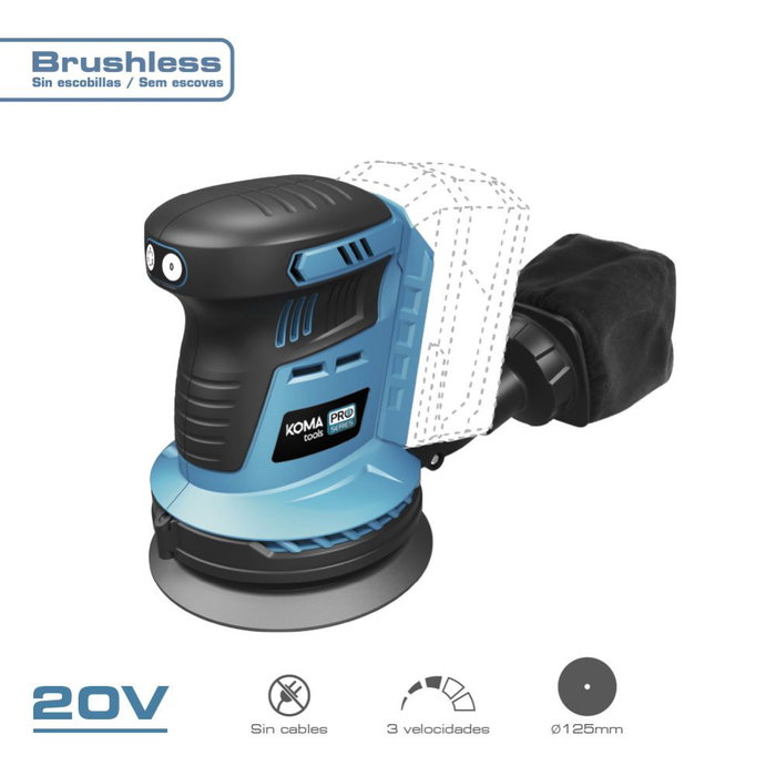 Koma Tools Pro Series Lijadora Excéntrica Brushless 20V sans Batterie ni Chargeur, Ø125mm, 3 Vitesses, Modèle 20v-le Koma Tools Pro Series Lijadora Excéntrica Brushless 20V sans Batterie ni Chargeur, Ø125mm, 3 Vitesses, Modèle 20v-le