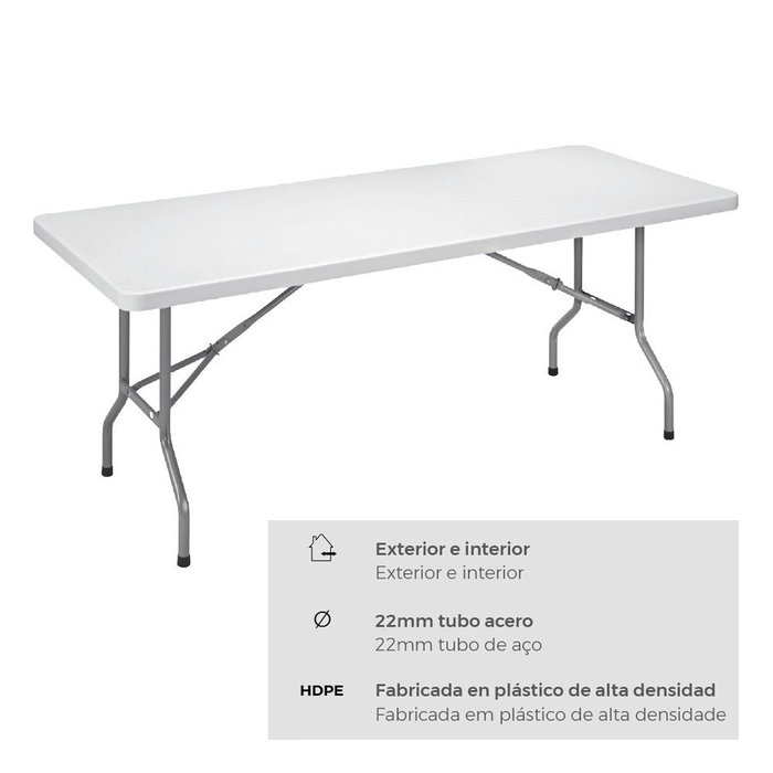 Edm Table pliante 180 x 74 x 74 cm tube Ø 22 x 1.0 mm en acier blanc pour intérieur/extérieur