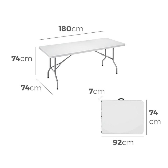Edm Table pliante 180 x 74 x 74 cm tube Ø 22 x 1.0 mm en acier blanc pour intérieur/extérieur