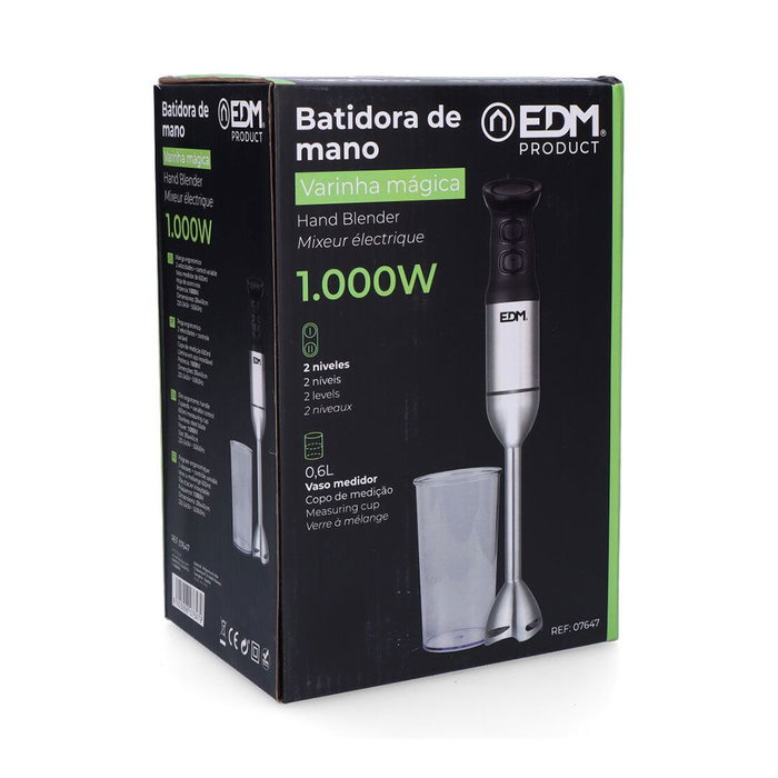 Edm 1000W Batteur à main avec cuchilles en acier inoxydable, ergonomique et turbo - 600ml