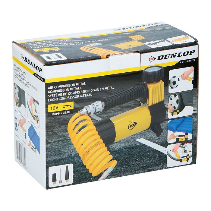 Dunlop Compresseur d'air métallique 12V 100psi/7bar avec manguera 1,5m et 3 buses