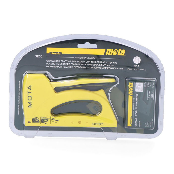 Mota Herramientas GE30 Agrafeuse Classic n°3 + 1000 agrafes 8 mm, plastique jaune, usage pro/domestique Mota Herramientas GE30 Agrafeuse Classic n°3 + 1000 agrafes 8 mm, plastique jaune, usage pro/domestique