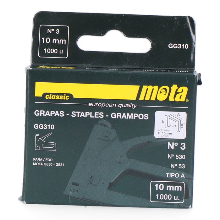 Mota Herramientas Agrafes n° 3, 10 mm, 0,7 mm d'épaisseur, 1000 unités Mota Herramientas Agrafes n° 3, 10 mm, 0,7 mm d'épaisseur, 1000 unités