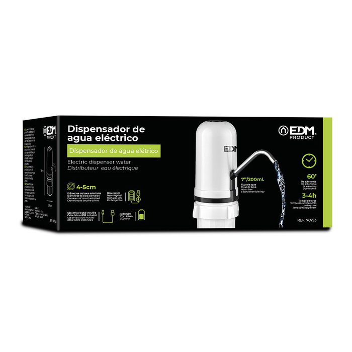 Edm Distributeur d'eau électronique pour bonbonnes 20L, Ø9x19cm, recharge USB, autonomie 60min, débit 200ml/7s Edm Distributeur d'eau électronique pour bonbonnes 20L, Ø9x19cm, recharge USB, autonomie 60min, débit 200ml/7s