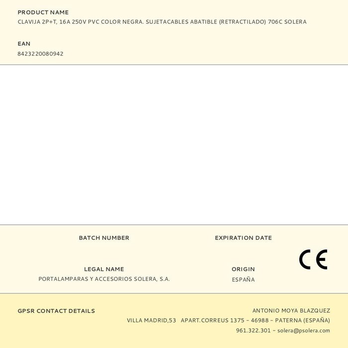 Solera Fiche 2P+T 16A 250V PVC Noir 706c