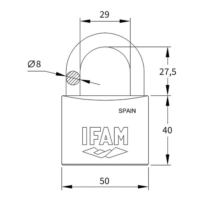 Ifam K50 Candado en laiton 50mm arco normal avec 2 clés Ifam K50 Candado en laiton 50mm arco normal avec 2 clés
