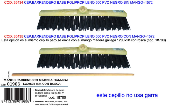 Universal Cepillo barrendero en fibre noire, 55 x 9 x 15 cm