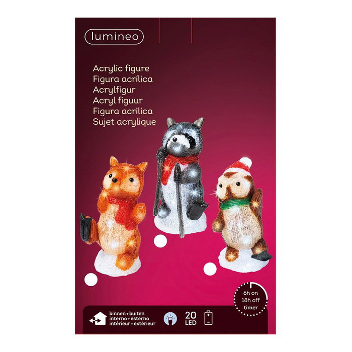 Lumineo Figurines animaux acryliques LED extérieur zorro hibou raton laveur 13x10x24cm 20 LED IP44 lumière froide