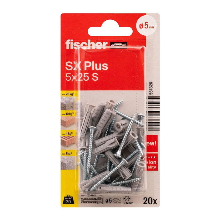 Fischer SX Plus SK NV Cheville Ø5 x 25 mm + Vis Ø3,5 x 35 mm PZ2, Blister 20 Uds Fischer SX Plus SK NV Cheville Ø5 x 25 mm + Vis Ø3,5 x 35 mm PZ2, Blister 20 Uds