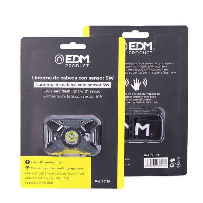 Edm Lampe frontale LED avec capteur 7 modes : 200lm COB 5W 8500K rouge inclinaison ajustable piles AAA incluses Edm Lampe frontale LED avec capteur 7 modes : 200lm COB 5W 8500K rouge inclinaison ajustable piles AAA incluses