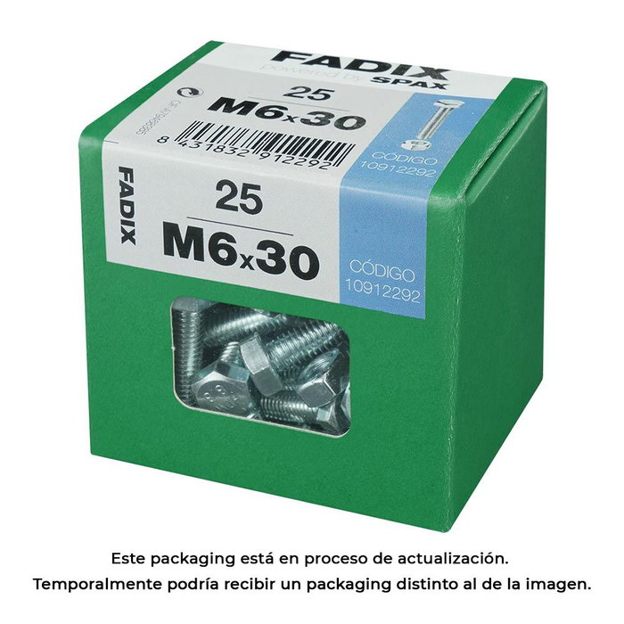 Fadix 10912292 Boîte de 25 vis métrique tête hexagonale + écrou zingué M6x30mm DIN 933 acier Fadix 10912292 Boîte de 25 vis métrique tête hexagonale + écrou zingué M6x30mm DIN 933 acier