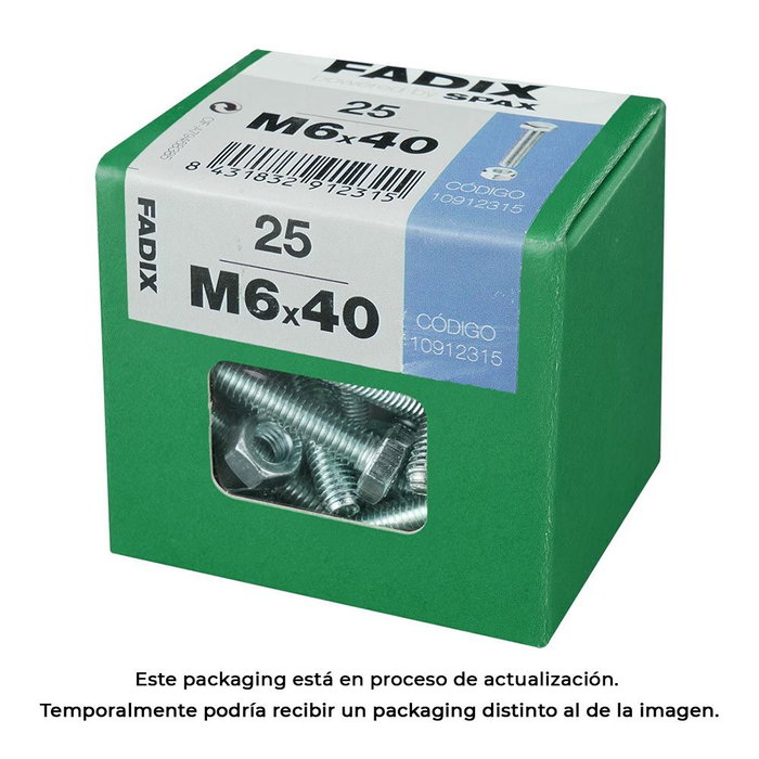 Fadix Réf. 10912315 Boîte de 25 vis métriques tête hexagonale + écrou M6x40 mm acier zingué DIN 933 Fadix Réf. 10912315 Boîte de 25 vis métriques tête hexagonale + écrou M6x40 mm acier zingué DIN 933