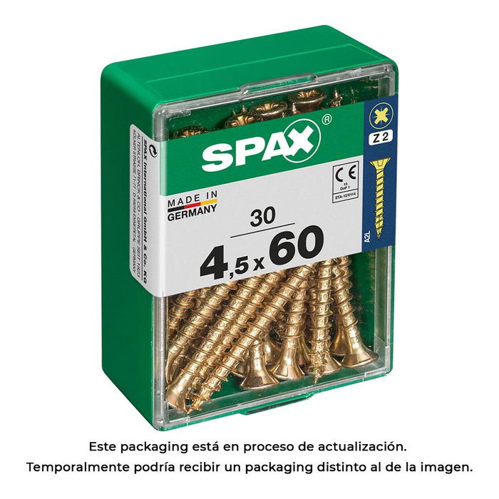Spax Boîte de 30 vis à bois tête plate yellox 4,5x60mm, référence 4081020450602 - Acier, revêtement yellox, filetage complet, universel Spax Boîte de 30 vis à bois tête plate yellox 4,5x60mm, référence 4081020450602 - Acier, revêtement yellox, filetage complet, universel