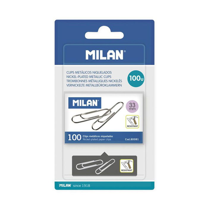 Milán Boîte de 100 clips métalliques 33 mm, Cromé Milán Boîte de 100 clips métalliques 33 mm, Cromé