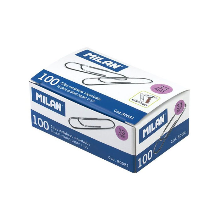 Milán Boîte de 100 clips métalliques 33 mm, Cromé Milán Boîte de 100 clips métalliques 33 mm, Cromé