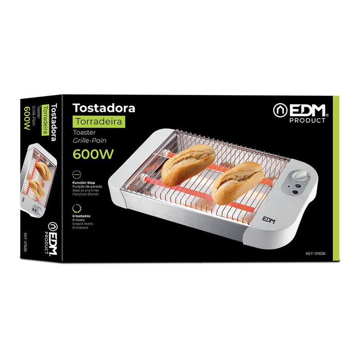 Edm Tostadora Multitostador Plana 600W 6 Températures Minuterie Acier Inoxydable Chromé Blanc