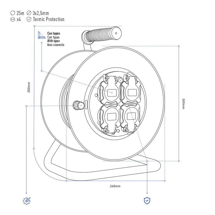 EDM Enrouleur de câble professionnel 25 m 3G2,5 mm² 4 prises Schuko avec protection thermique 3000 W 230 V IP20