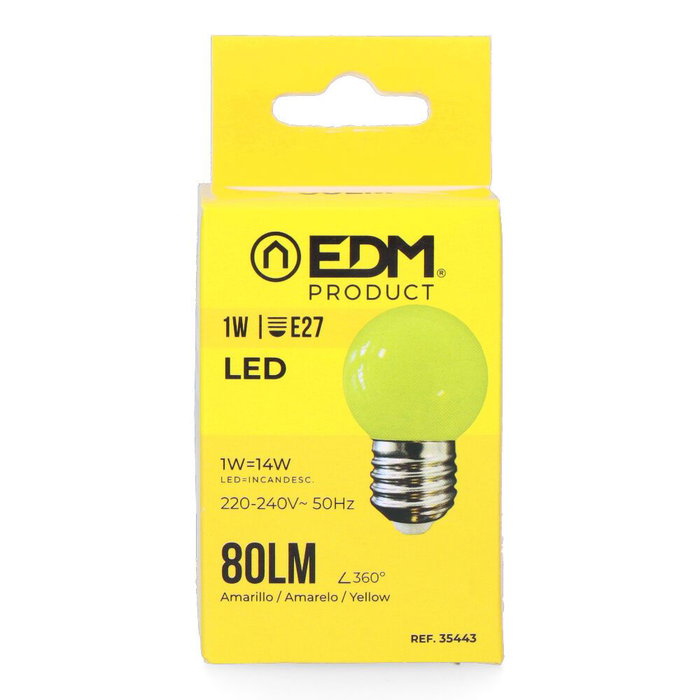 Edm Ampoule LED E27 1W 80lm Lumière Jaune 220° Ø45x69mm 25000h Classe F Edm Ampoule LED E27 1W 80lm Lumière Jaune 220° Ø45x69mm 25000h Classe F