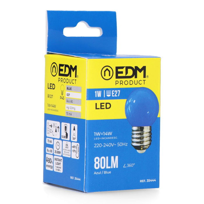 Edm Ampoule LED E27 1W Bleu 80lm 25000h 220-240V Ø45x69mm Classe F Edm Ampoule LED E27 1W Bleu 80lm 25000h 220-240V Ø45x69mm Classe F