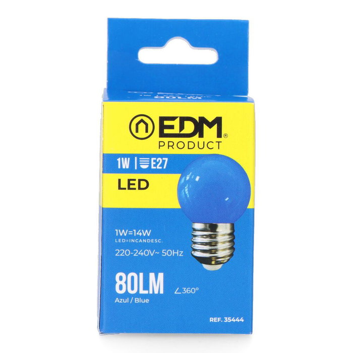 Edm Ampoule LED E27 1W Bleu 80lm 25000h 220-240V Ø45x69mm Classe F Edm Ampoule LED E27 1W Bleu 80lm 25000h 220-240V Ø45x69mm Classe F