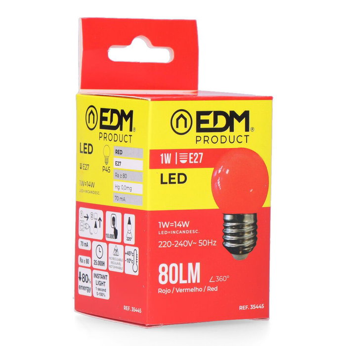 Edm Ampoule LED E27 1W Rouge 80lm 25000h Ø45x69mm Classe F Non Variateur Edm Ampoule LED E27 1W Rouge 80lm 25000h Ø45x69mm Classe F Non Variateur