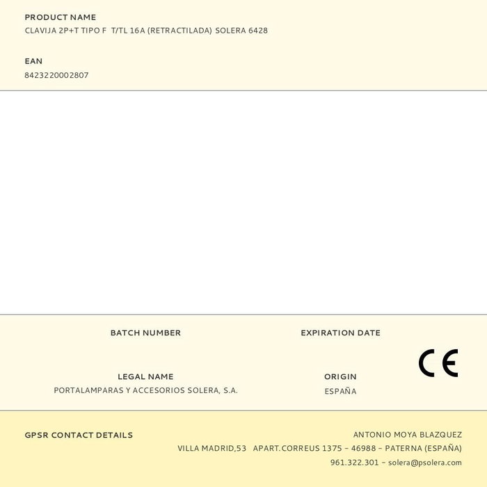 Solera Clavija 2p+t type F t/tl 16A rétractée 6428 Solera Clavija 2p+t type F t/tl 16A rétractée 6428