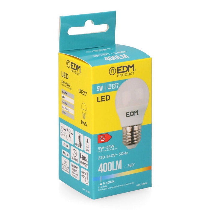 EDM Ampoule LED E27 Sphérique 5W 400lm 6400K Lumière Froide Ø4,5 x 8cm