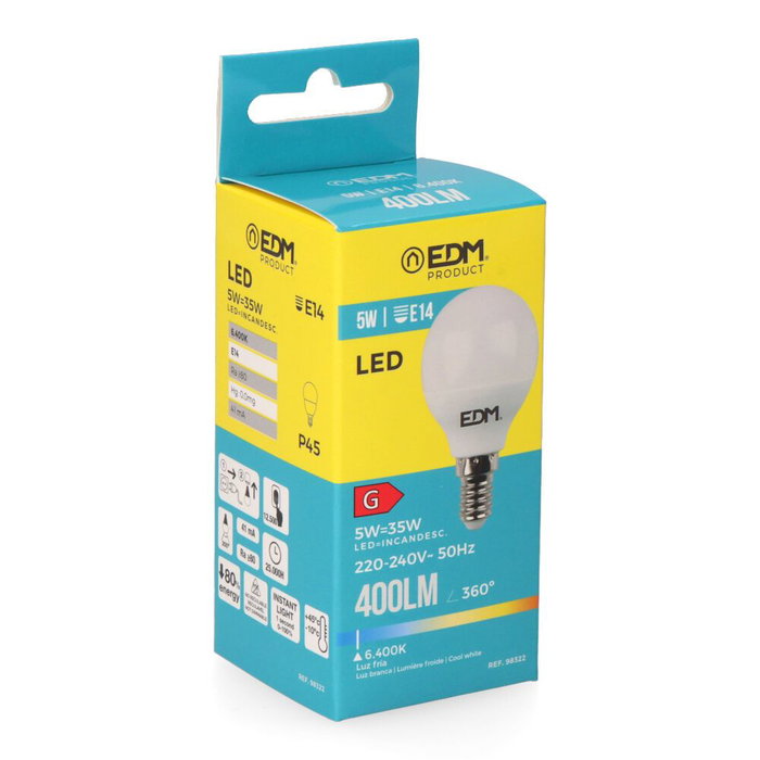 EDM Ampoule LED E14 5W 400lm 6400K Blanc Froid Forme Sphérique Ø4,5x8cm