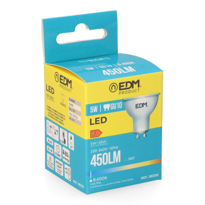 Edm Ampoule LED Dicroïque GU10 5W 450lm 6400K Blanc Froid - Ø5 x 5,5cm - Angle 120° - Classe F Edm Ampoule LED Dicroïque GU10 5W 450lm 6400K Blanc Froid - Ø5 x 5,5cm - Angle 120° - Classe F