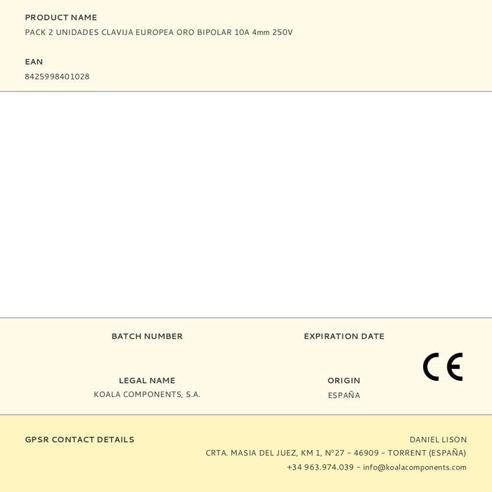 Pack de 2 fiches européennes bipolaires dorées 10A 4mm 250V