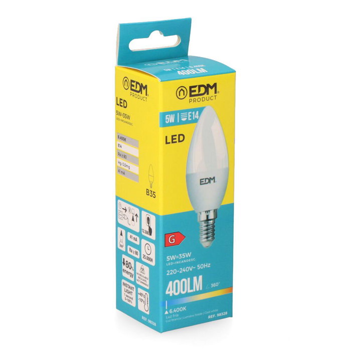 Edm Ampoule LED Bougie E14 5W 400lm 6400K Blanc Froid 3,6x10cm Edm Ampoule LED Bougie E14 5W 400lm 6400K Blanc Froid 3,6x10cm