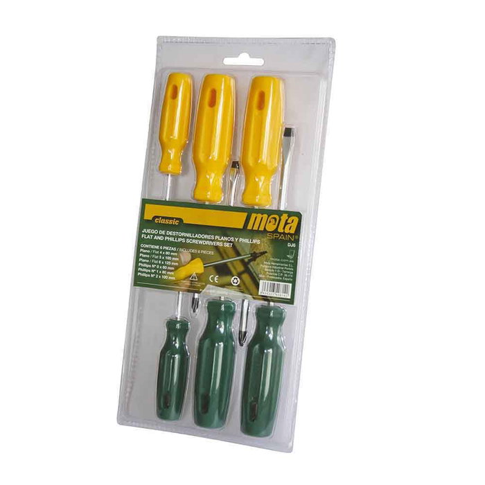 Mota Herramientas Dj6 Jeu de 6 Tournevis Plats et Phillips 4x80 / 5x100 / 6x125 / PH0x60 / PH1x80 / N°2x100 mm Mota Herramientas Dj6 Jeu de 6 Tournevis Plats et Phillips 4x80 / 5x100 / 6x125 / PH0x60 / PH1x80 / N°2x100 mm