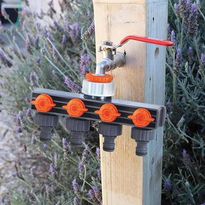Edm Distributeur 4 voies avec vannes pour robinet fileté 3/4 pouce - Gris/orange - Polipropylène anti-UV et anti-algues