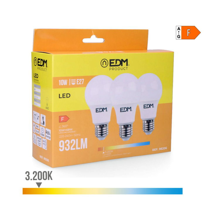 Edm Kit 3 ampoules LED Standard E27 10W 932lm 3200K Lumière Chaude Ø6x10,8cm Edm Kit 3 ampoules LED Standard E27 10W 932lm 3200K Lumière Chaude Ø6x10,8cm