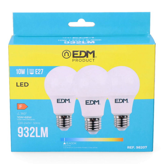 Pack de 3 ampoules LED EDM 98207 F 60 W 10 W 68 W E27 810 Lm 932 Lm Ø 6 x 10,8 cm (6400 K) Pack de 3 ampoules LED EDM 98207 F 60 W 10 W 68 W E27 810 Lm 932 Lm Ø 6 x 10,8 cm (6400 K)