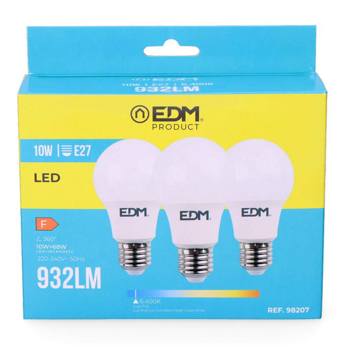 Edm Kit 3 Ampoules LED Standard E27 10W 932 Lumens 6400K Lumière Froide Ø6 x 10,8 cm Edm Kit 3 Ampoules LED Standard E27 10W 932 Lumens 6400K Lumière Froide Ø6 x 10,8 cm