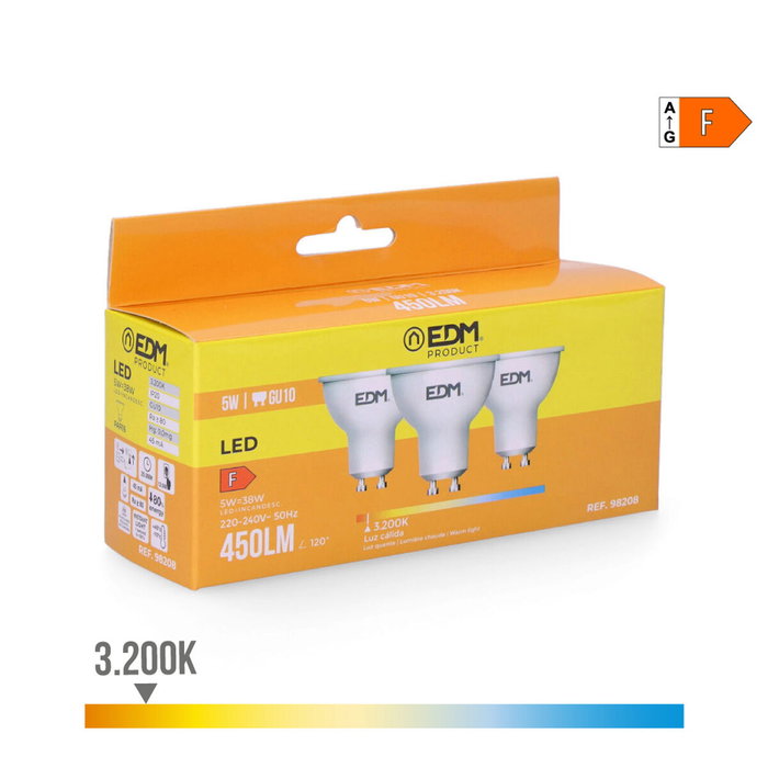 Edm Pack de 3 ampoules LED dichroïques GU10 5 W 450 lm 3200 K lumière chaude Edm Pack de 3 ampoules LED dichroïques GU10 5 W 450 lm 3200 K lumière chaude