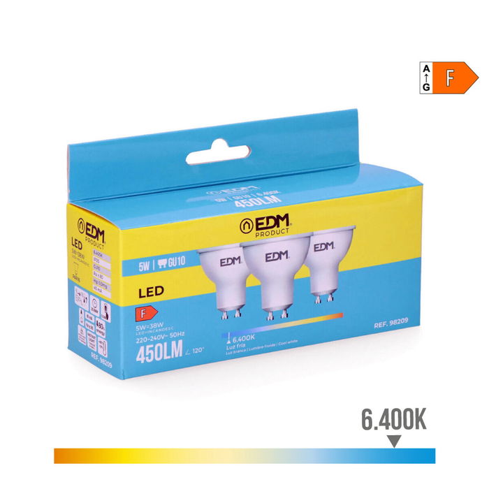Pack de 3 ampoules LED EDM 98209 F 5 W 45 W 38 W GU10 450 lm Ø 5 x 5,5 cm (6400 K) Pack de 3 ampoules LED EDM 98209 F 5 W 45 W 38 W GU10 450 lm Ø 5 x 5,5 cm (6400 K)